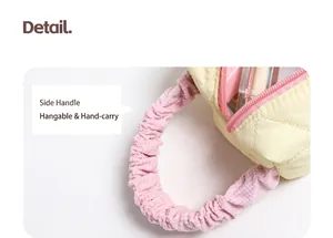 Dettaglio del beauty case giallo trapuntato con manico rosa a volant e asola laterale