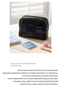 Detail of glossy black quilted puffer cosmetic bag on a cozy table setting