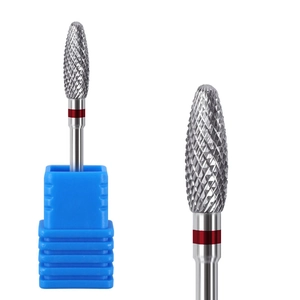 Tungsten carbide nail drill bit with cross-cut texture and red ring on blue base