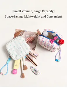 Detail of mini striped makeup bags showing interior capacity for brushes and cosmetics