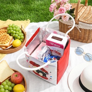 Cartoon animal print lunch bag with red and white color blocking and thick foil lining