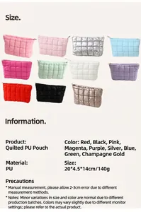 Detail van een gewatteerde PU make-up tas met gouden rits en stijlvolle ruitjesstructuur