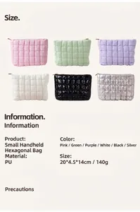 Detail view of small PU leather makeup bags showing hexagonal quilting and dimensions