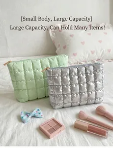 Detail of quilted cosmetic bag set in mint green and metallic silver with gold zippers
