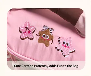Dettaglio della trousse rosa con ricami fini a forma di stelle e ciliegie dolci