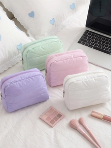 Quilted Puffer Makeup Bag Waterproof Glossy PU Portable Cosmetic Pouch Travel Toiletries Storage Case Solid Color Chic