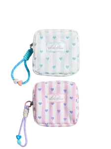 Portable heart pattern striped cosmetic bag in blue and pink with wrist strap
