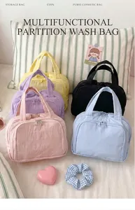 Macro detail of quilted cotton makeup bags with top handles and gold metal zippers