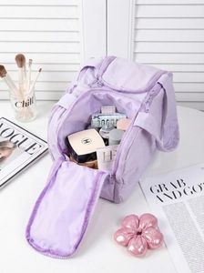 Large lavender toiletry bag with double zippers and wide handle for travel storage