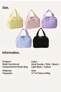 Detailed chart showing macaron quilted toiletry bags with dimensions and materials