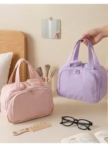 Detailed view of quilted cotton makeup bags in macaron pink and purple colors