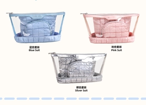 Three-piece travel toiletry set with quilted wave pattern and clear PVC outer bag