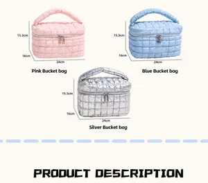 Quilted travel makeup bags in pink, blue, and silver measuring 24x15.5x16cm with handles