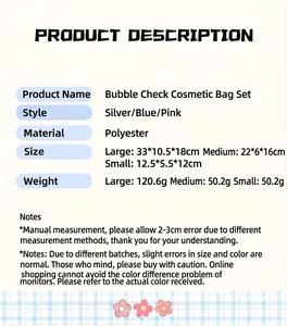 Size guide for bubble plaid cosmetic bag set showing dimensions for small medium large