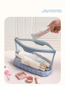 Detail of light blue quilted toiletry bag showing spacious interior with cosmetic items