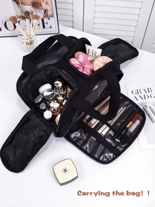 Large capacity black travel makeup bag with organized compartments and brush slots