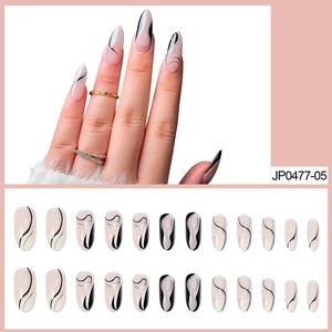 Press On Nails Long Almond False Nail Tips Nude Pink Black Silver Streamer Lines Waterproof Removable Manicure For Women