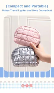 Close-up of quilted glossy toiletry bags in pink and silver with metal zippers