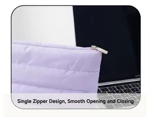 Detail of purple quilted makeup bag featuring smooth metal zipper and padded texture