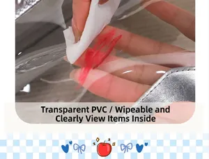 Close-up of easy-to-clean transparent PVC makeup bag with silver trim detailing