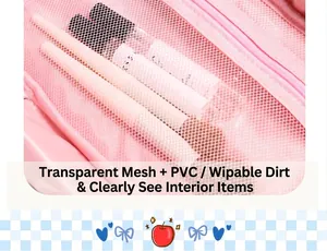 Detail der rosa Kosmetiktasche mit transparenten Netzfächern und leicht zu reinigendem PVC
