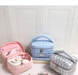 Drei gesteppte Kosmetiktaschen in Rosa, Blau und Silber mit Innenfächern und großem Stauraum
