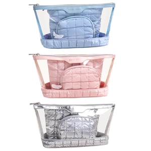 Three-piece checkered makeup bag set with transparent PVC outer and quilted inner pouch