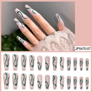 Lange Coffin Press On Nagels Donkergroen Wit Golfpatroon Nude Roze Kunstnagels Verwijderbaar Full Cover