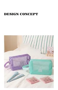 Vue détaillée des trousses de voyage en maille respirante violette et vert menthe
