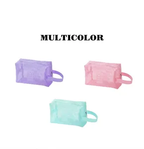 Lot de 3 trousses de maquillage de voyage en maille colorée avec poignées et fermeture éclair
