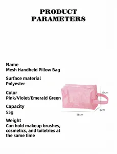 Vue détaillée de la trousse de maquillage en filet rose avec fermeture éclair et anse