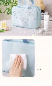 Detail showing waterproof light blue mesh texture and durable handle of the toiletry bag