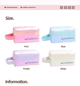 Detail view of four large capacity iridescent toiletry bags with handles in pastel colors