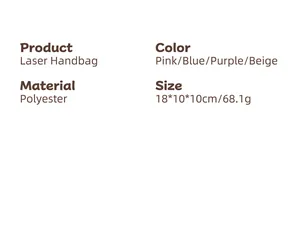 Detailed size specifications for laser holographic toiletry bags in various pastel colors