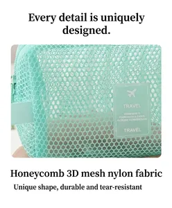 Détail du sac de voyage en maille vert menthe montrant la texture en nylon alvéolé