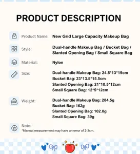 Size chart showing dimensions and weight for the blue plaid polyester cosmetic bags