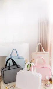 Detail view of colorful waterproof makeup bags with textured fabric and top handle