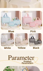 Three-piece mesh cosmetic bag set with zipper and handle in multiple colors