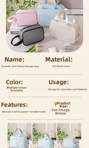 Waterproof EVA travel toiletry bag details showing multiple colors and size comparisons