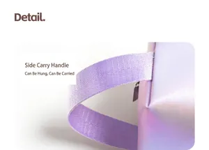 Macro detail of holographic makeup bag featuring reinforced side handle for easy hanging