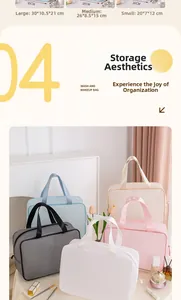 Three-piece mesh cosmetic bag set in various sizes with handles and zippers