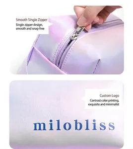 Detail showing smooth silver metal zipper and rainbow laser textured material of the makeup bag