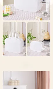Detail of white mesh travel makeup bag with durable zipper and portable handle