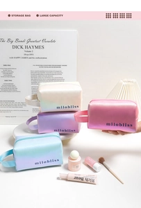 Detail of laser iridescent gradient makeup bags in blue, pink, and purple with handle