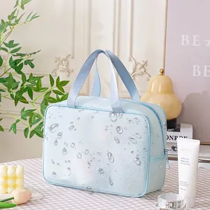 Waterproof light blue mesh toiletry bag with double handles for travel and fitness