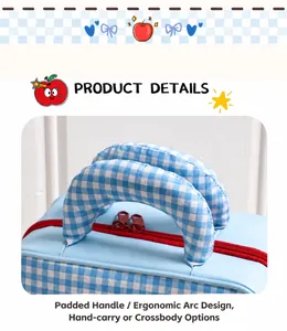 Detail of padded blue plaid travel bag with soft handles and dual red zipper pullers