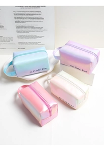 Macro detail of gradient laser cosmetic bags showing metallic texture and zippers