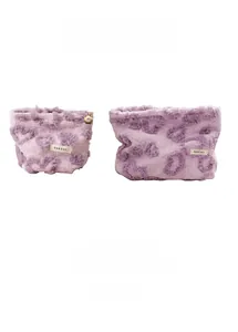 Detailed close-up of fluffy purple leopard print makeup bags with floral zipper pulls