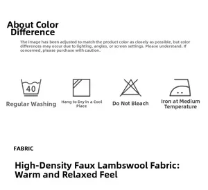 Detail of high-density faux lamb wool material and washing instructions for makeup bag