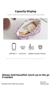 Internal view of purple plush cosmetic bag showing capacity for phone and makeup accessories